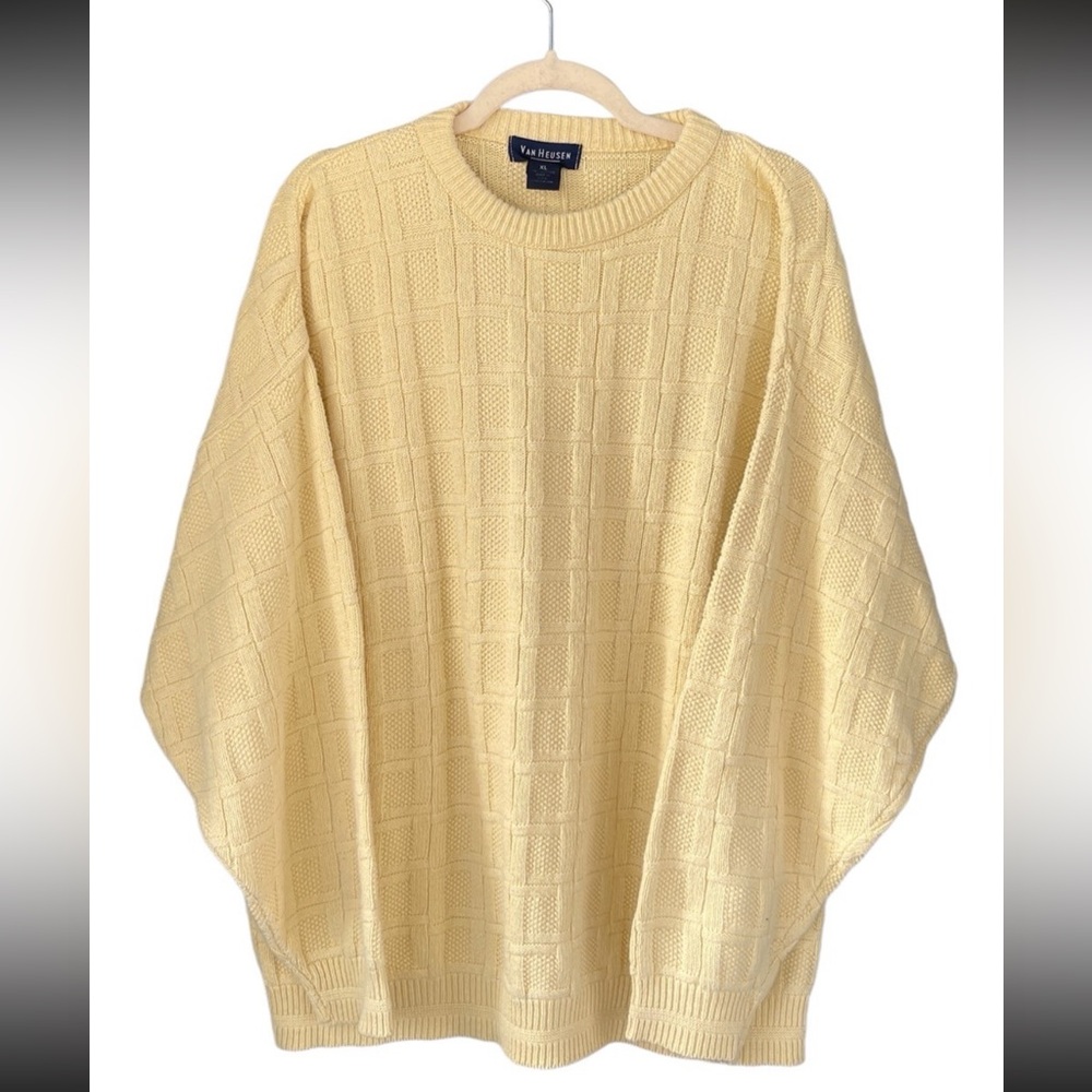 VTG Van Heusen Men's Lattice Chunky Grandpa Sweater Yellow XL 100% Cotton